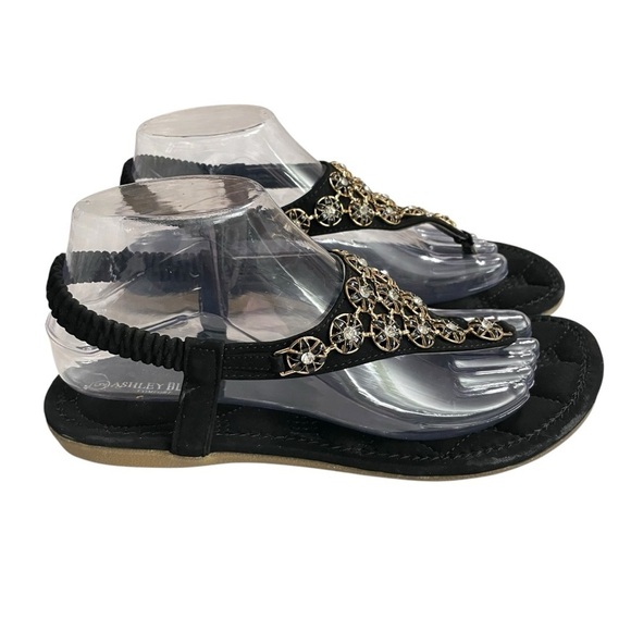 Ashley Blue Comfortable Flat Sandals With Rhinestone Decor,Soft Sole,Black Sz. 9 - Picture 4 of 11